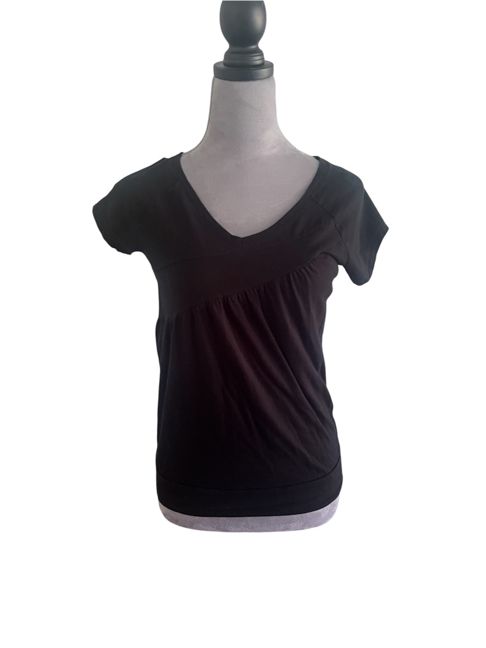 H&M Black V-Neck Short Sleeve Top with Gathered Front